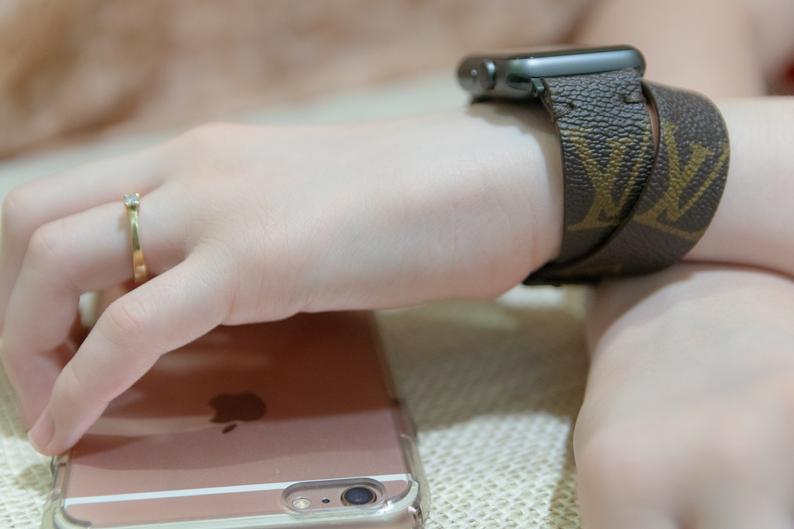 Repurposed Gifts apple watch band Handmade Apple Watch Band Re-Purposed Double Turn Classic Brown Monogram for Apple Watch Series 1, 2, 3, 4, 5,6, SE, 7