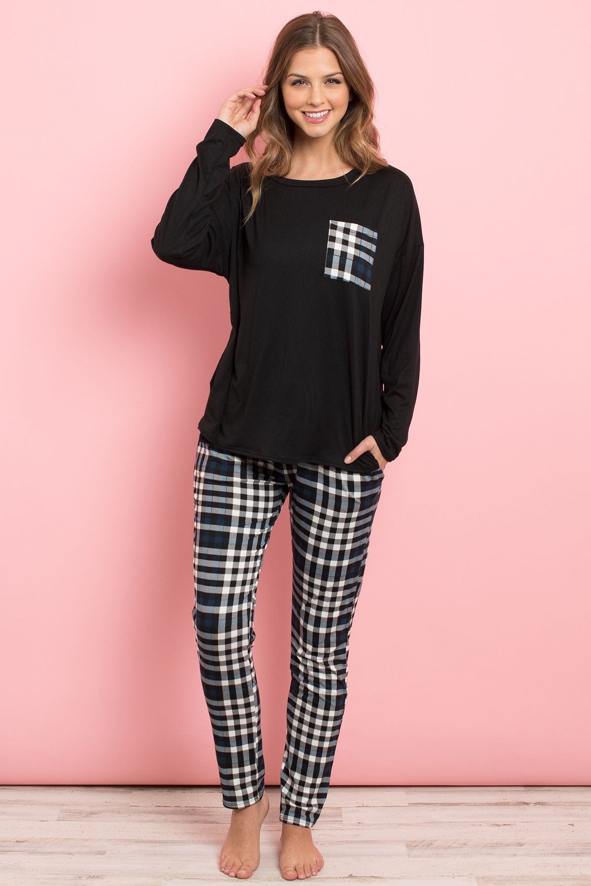 Riah Fashion Women's Fashion - Women's Clothing - Suits & Sets - Women's Sets Black Ivory Navy / Small Riah Solid Top Plaid Pocket and Joggers Set With Self Tie