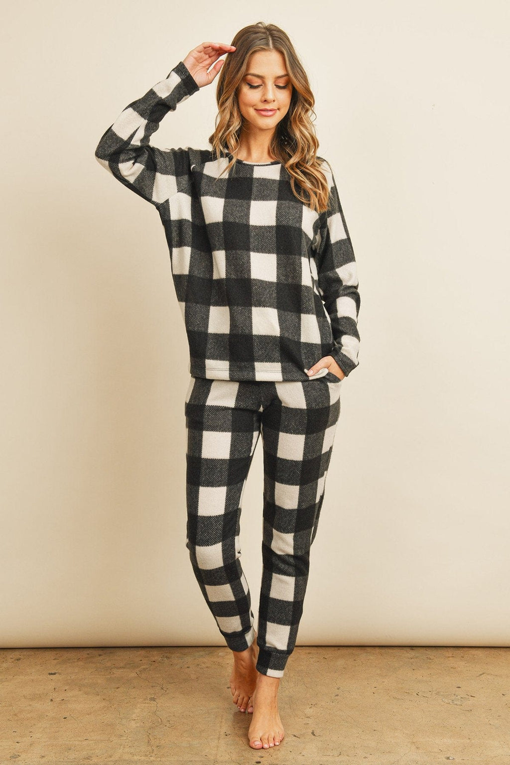 Riah Fashion Women's Fashion - Women's Clothing - Suits & Sets - Women's Sets Riah Brushed Plaid Top and Joggers Set With Self Tie