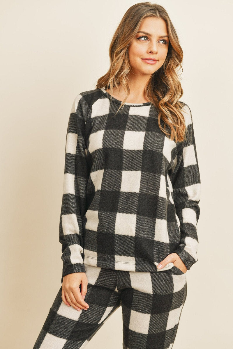 Riah Fashion Women's Fashion - Women's Clothing - Suits & Sets - Women's Sets Riah Brushed Plaid Top and Joggers Set With Self Tie