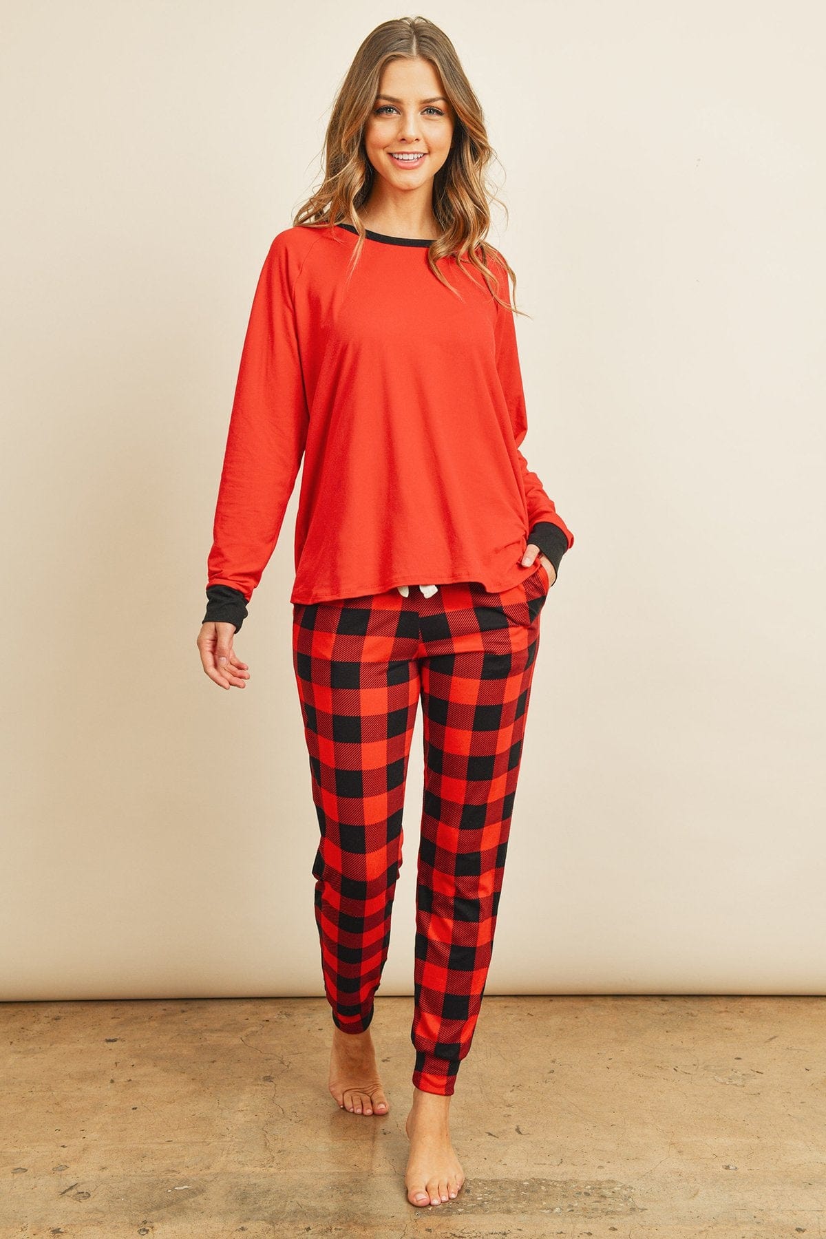 Riah Fashion Women's Fashion - Women's Clothing - Suits & Sets - Women's Sets Riah Solid Top and Plaid Joggers Set With Self Tie