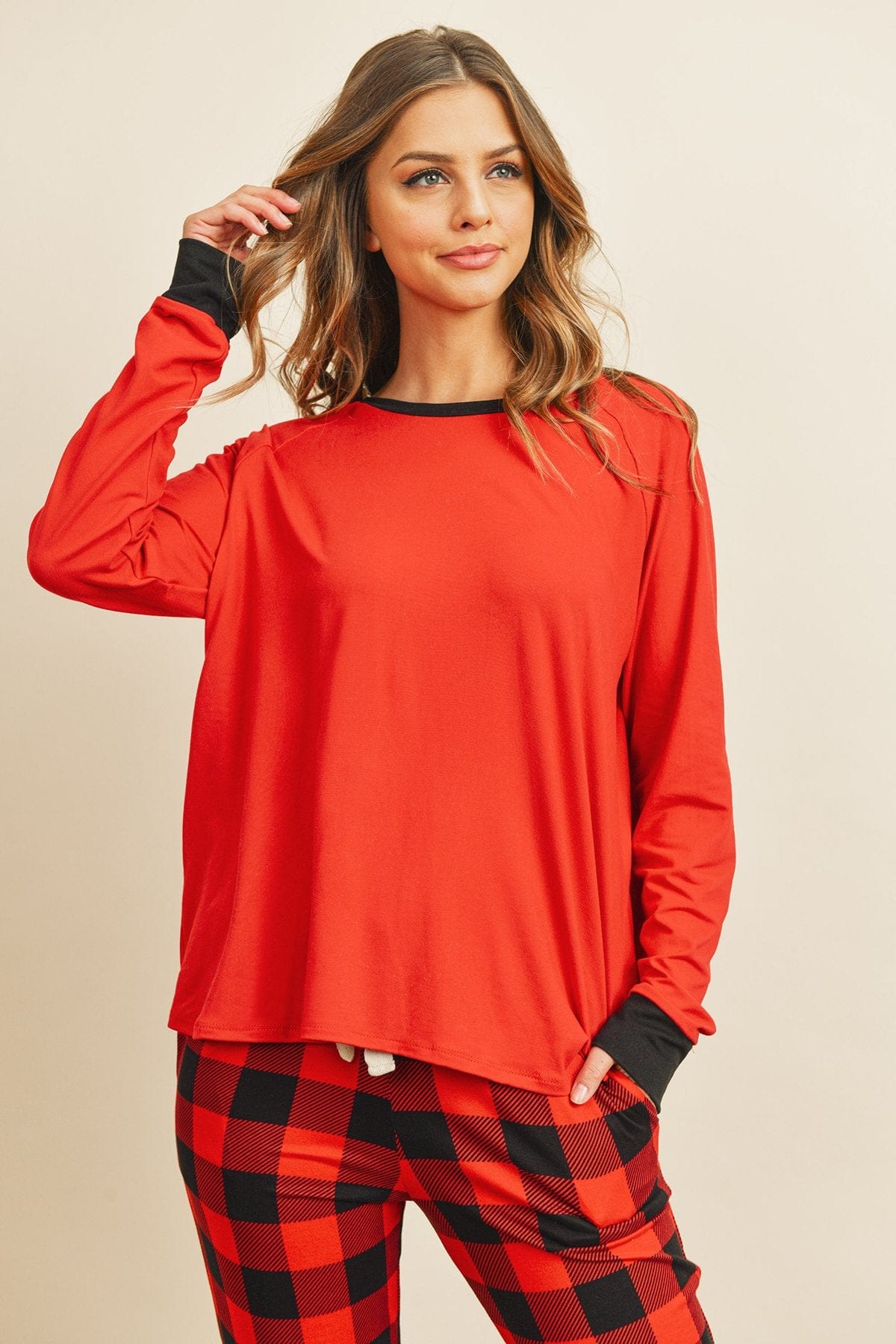 Riah Fashion Women's Fashion - Women's Clothing - Suits & Sets - Women's Sets Riah Solid Top and Plaid Joggers Set With Self Tie