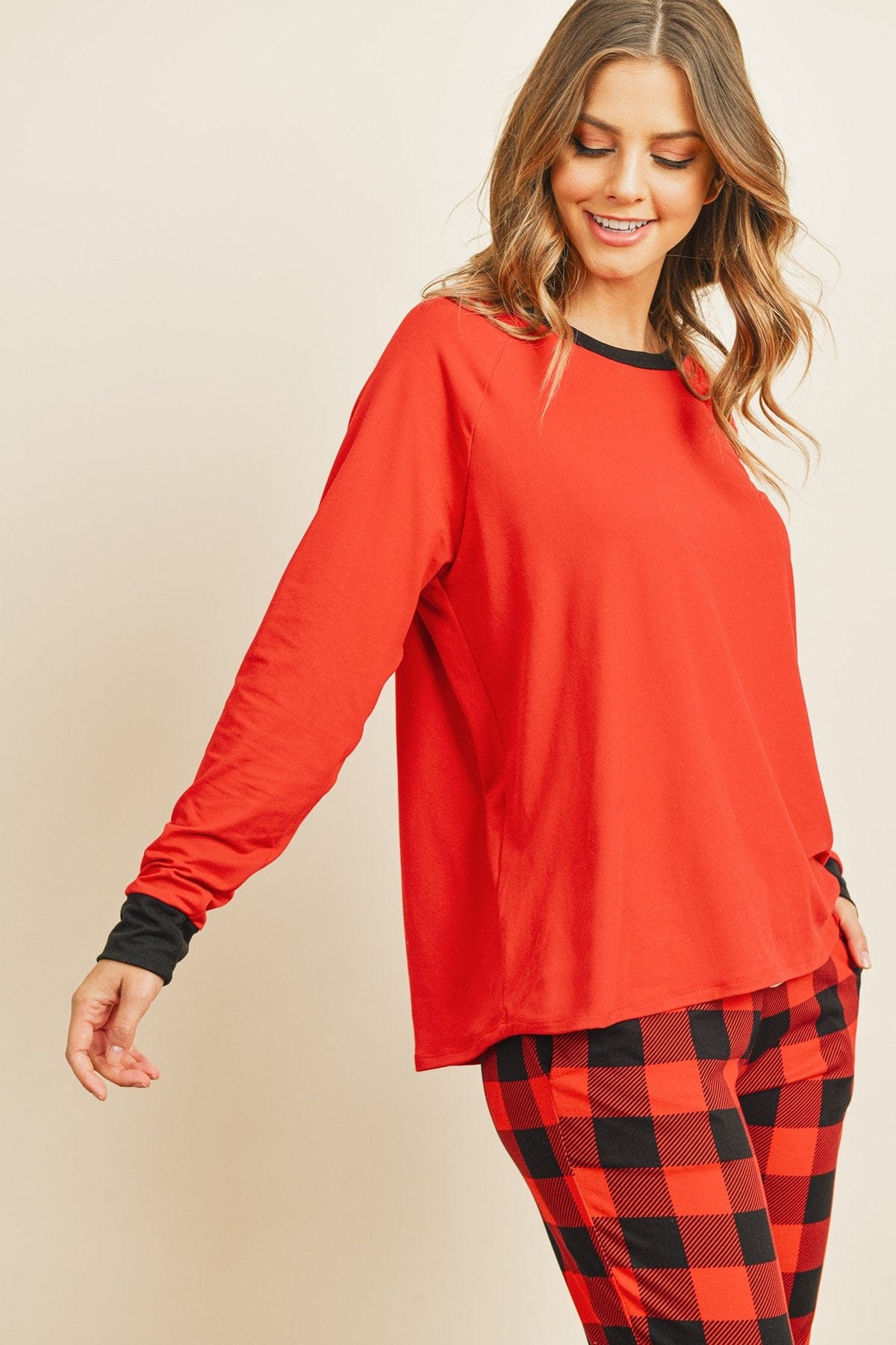 Riah Fashion Women's Fashion - Women's Clothing - Suits & Sets - Women's Sets Riah Solid Top and Plaid Joggers Set With Self Tie