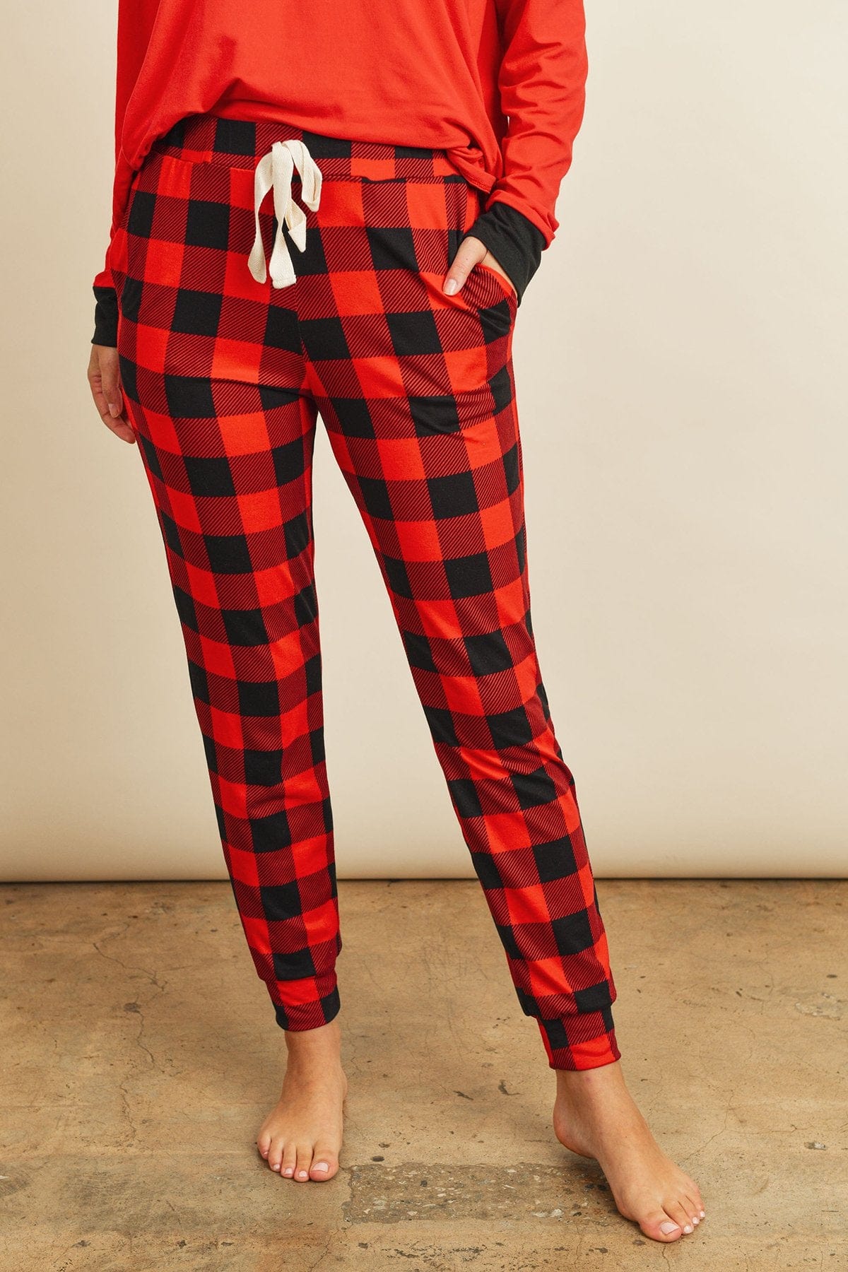 Riah Fashion Women's Fashion - Women's Clothing - Suits & Sets - Women's Sets Riah Solid Top and Plaid Joggers Set With Self Tie