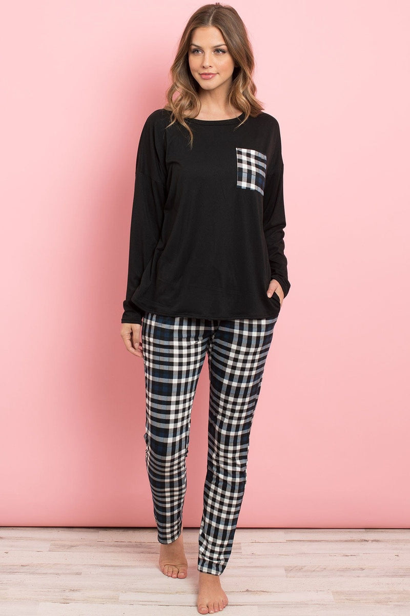 Riah Fashion Women's Fashion - Women's Clothing - Suits & Sets - Women's Sets Riah Solid Top Plaid Pocket and Joggers Set With Self Tie