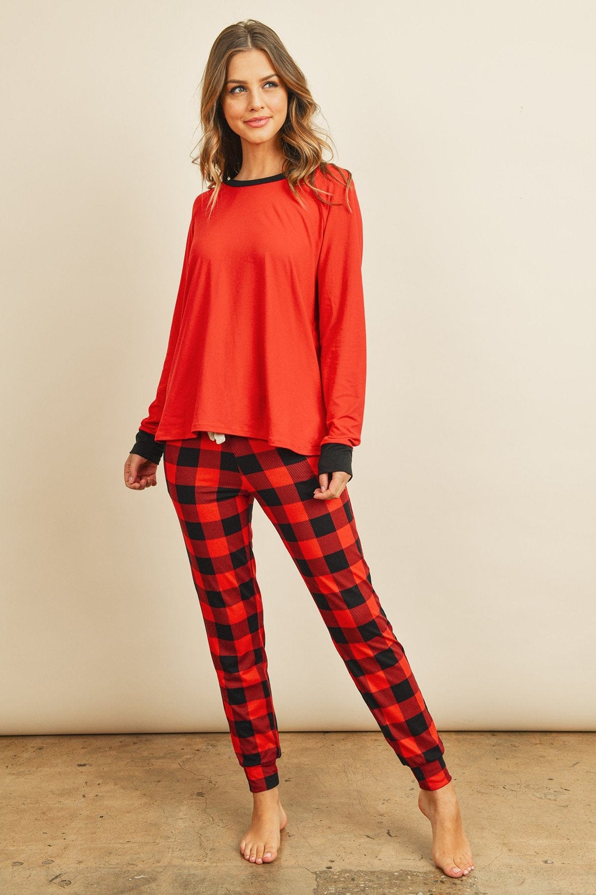 Riah Fashion Women's Fashion - Women's Clothing - Suits & Sets - Women's Sets Small Riah Solid Top and Plaid Joggers Set With Self Tie