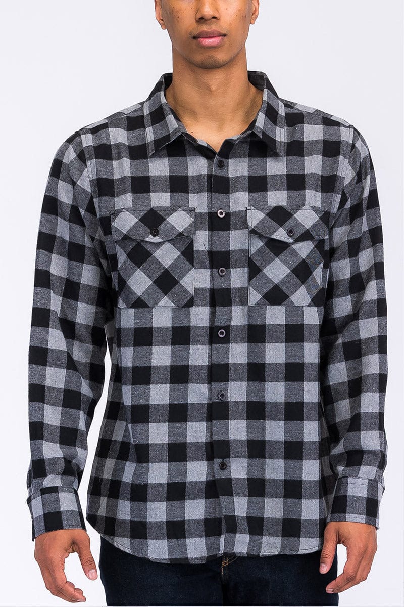 WEIV Men's Fashion - Men's Clothing - Shirts - Casual Shirts BLACK GREY / S Long Sleeve Checkered Plaid Brushed Flannel