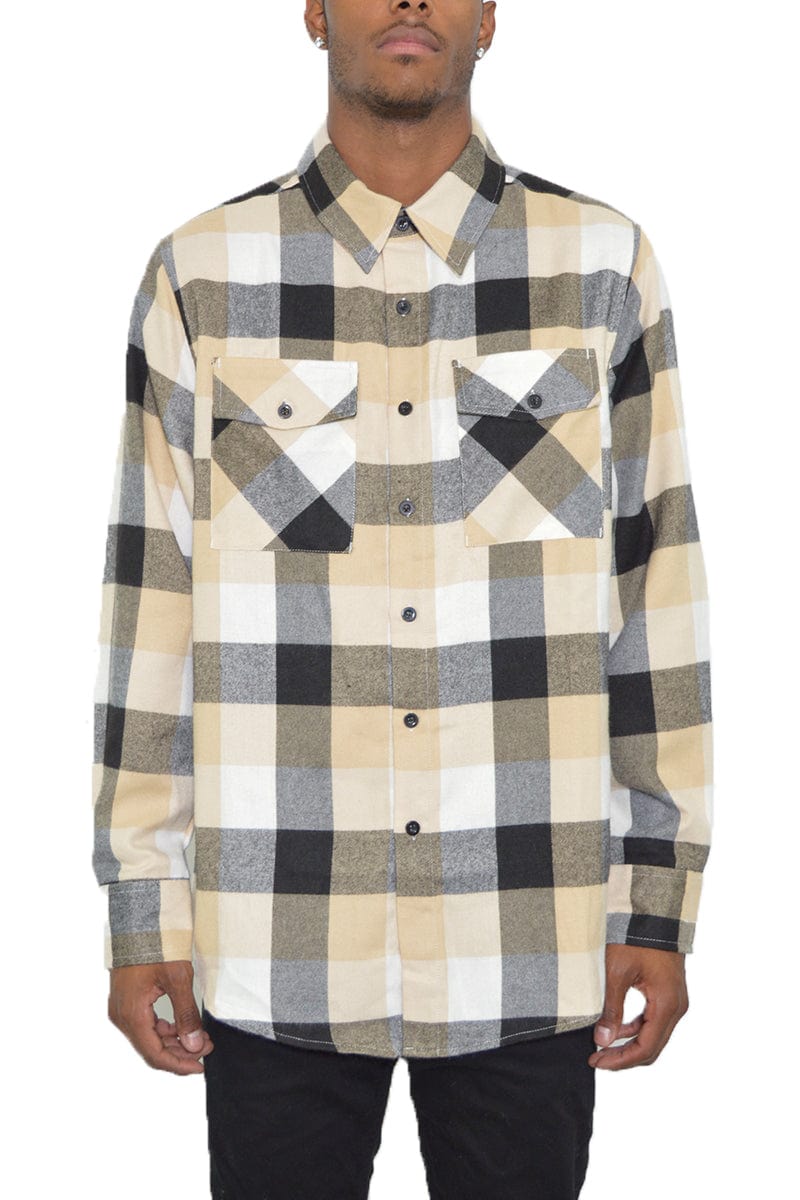 WEIV Men's Fashion - Men's Clothing - Shirts - Casual Shirts BLACK KHAKI / S Long Sleeve Checkered Plaid Brushed Flannel