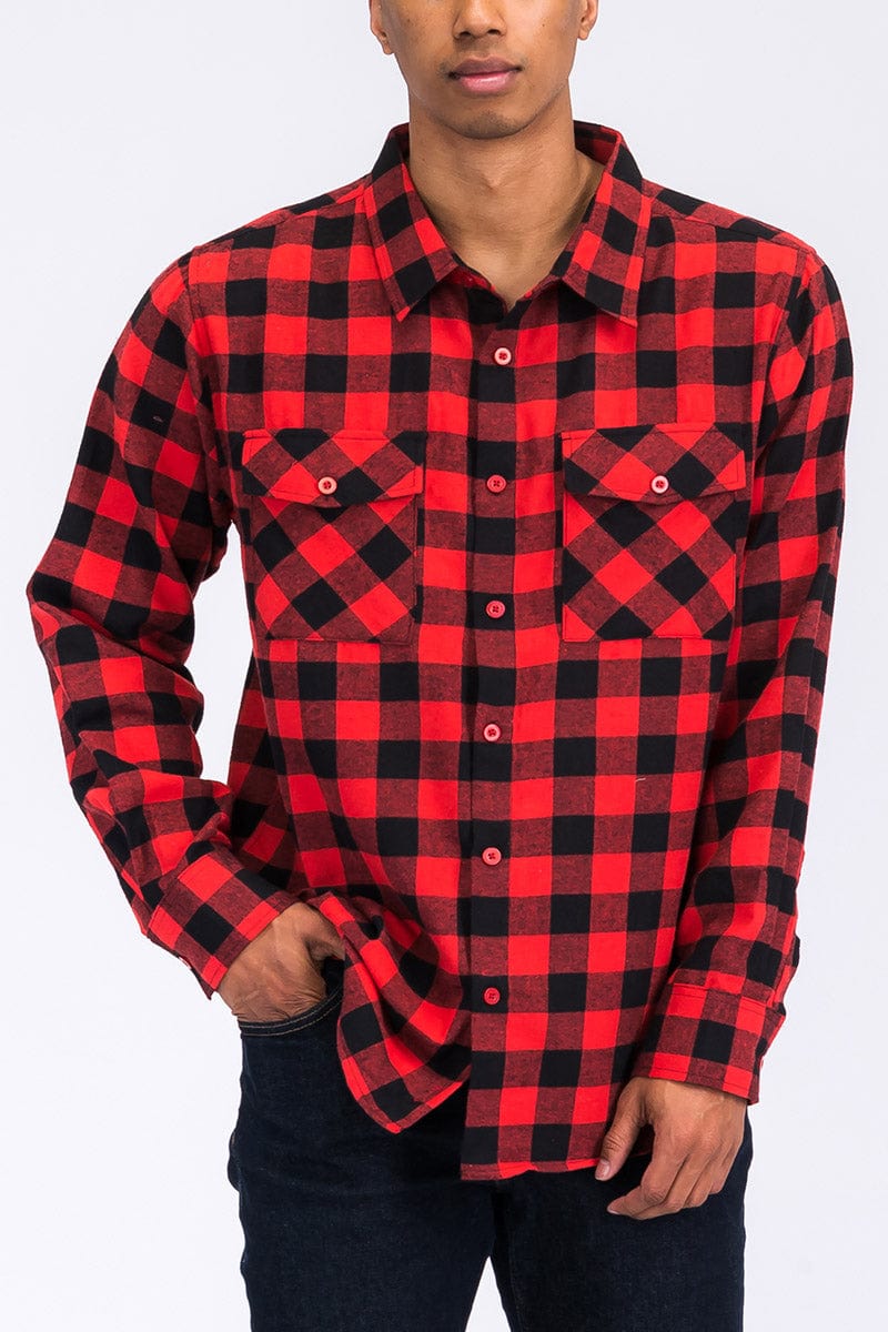 WEIV Men's Fashion - Men's Clothing - Shirts - Casual Shirts BLACK RED / S Long Sleeve Checkered Plaid Brushed Flannel