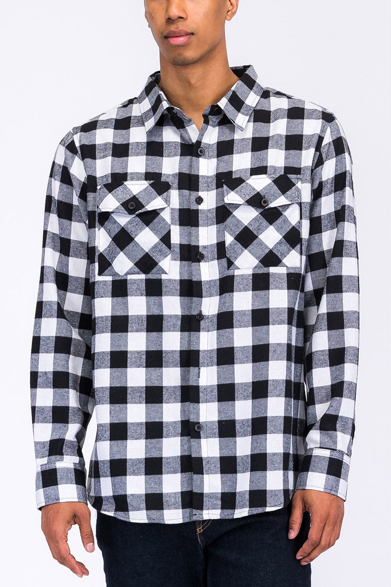WEIV Men's Fashion - Men's Clothing - Shirts - Casual Shirts BLACK WHITE / S Long Sleeve Checkered Plaid Brushed Flannel