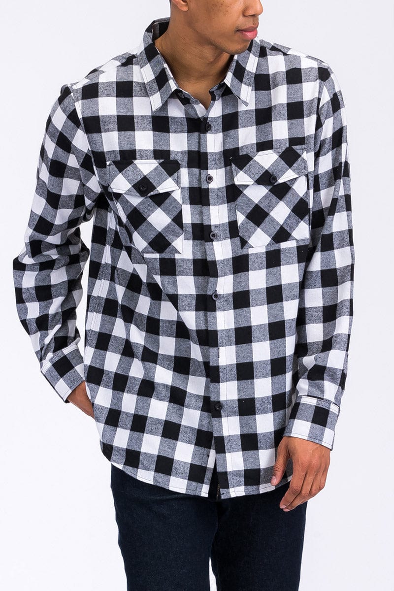 WEIV Men's Fashion - Men's Clothing - Shirts - Casual Shirts BLACK WHITE / XL Long Sleeve Checkered Plaid Brushed Flannel