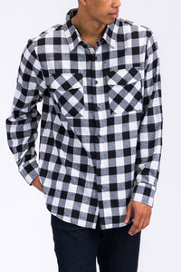 WEIV Men's Fashion - Men's Clothing - Shirts - Casual Shirts BLACK WHITE / XL Long Sleeve Checkered Plaid Brushed Flannel