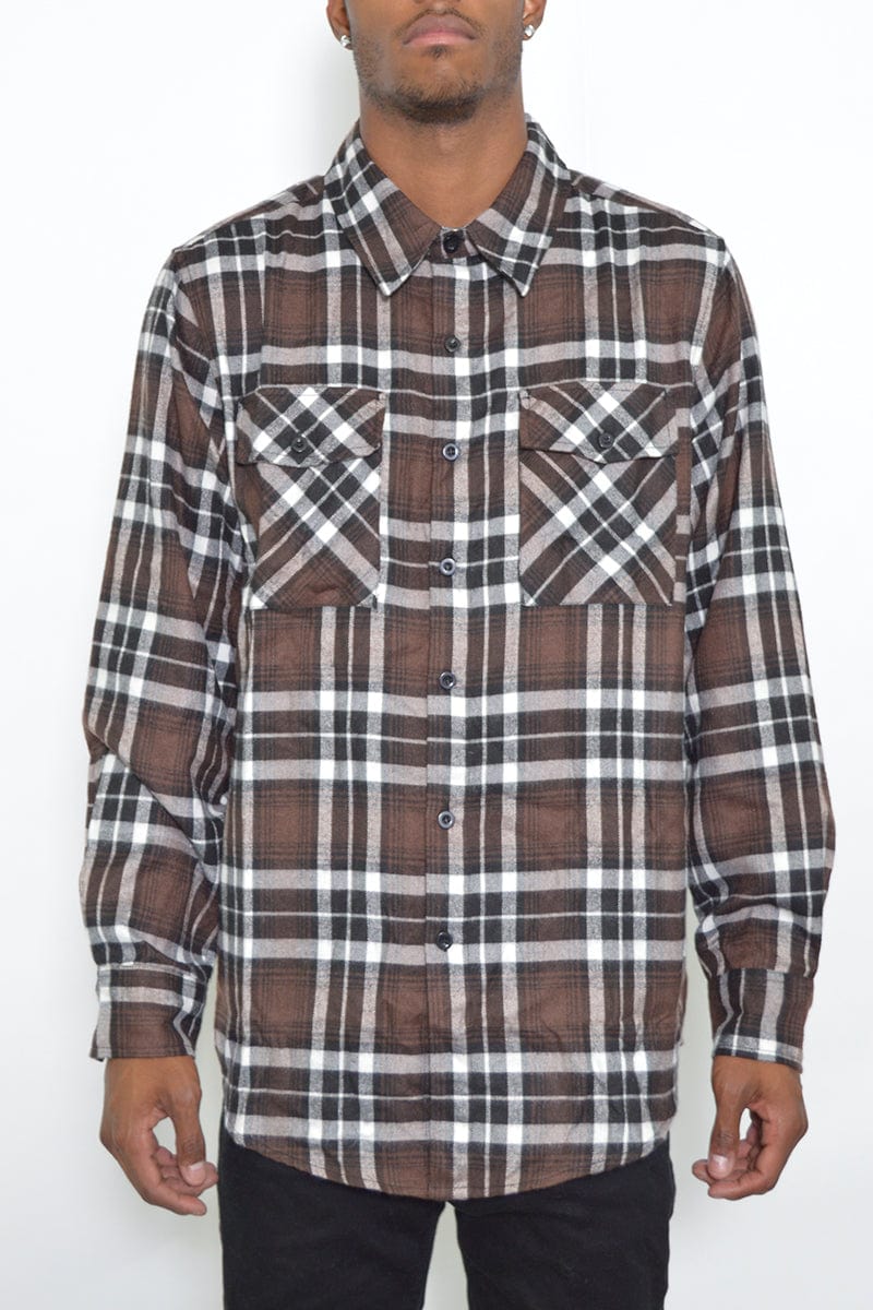 WEIV Men's Fashion - Men's Clothing - Shirts - Casual Shirts BROWN BLACK / S Long Sleeve Checkered Plaid Brushed Flannel