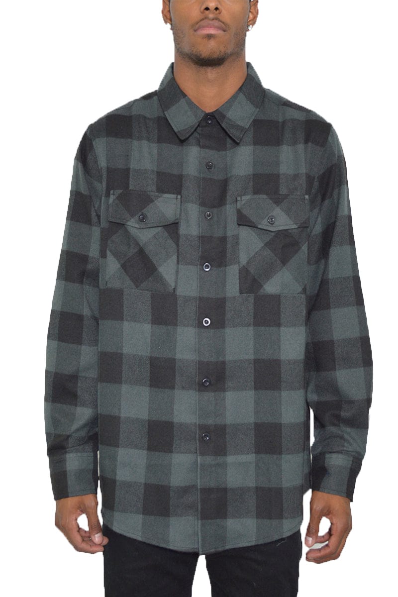 WEIV Men's Fashion - Men's Clothing - Shirts - Casual Shirts GREY BLACK / S Long Sleeve Checkered Plaid Brushed Flannel
