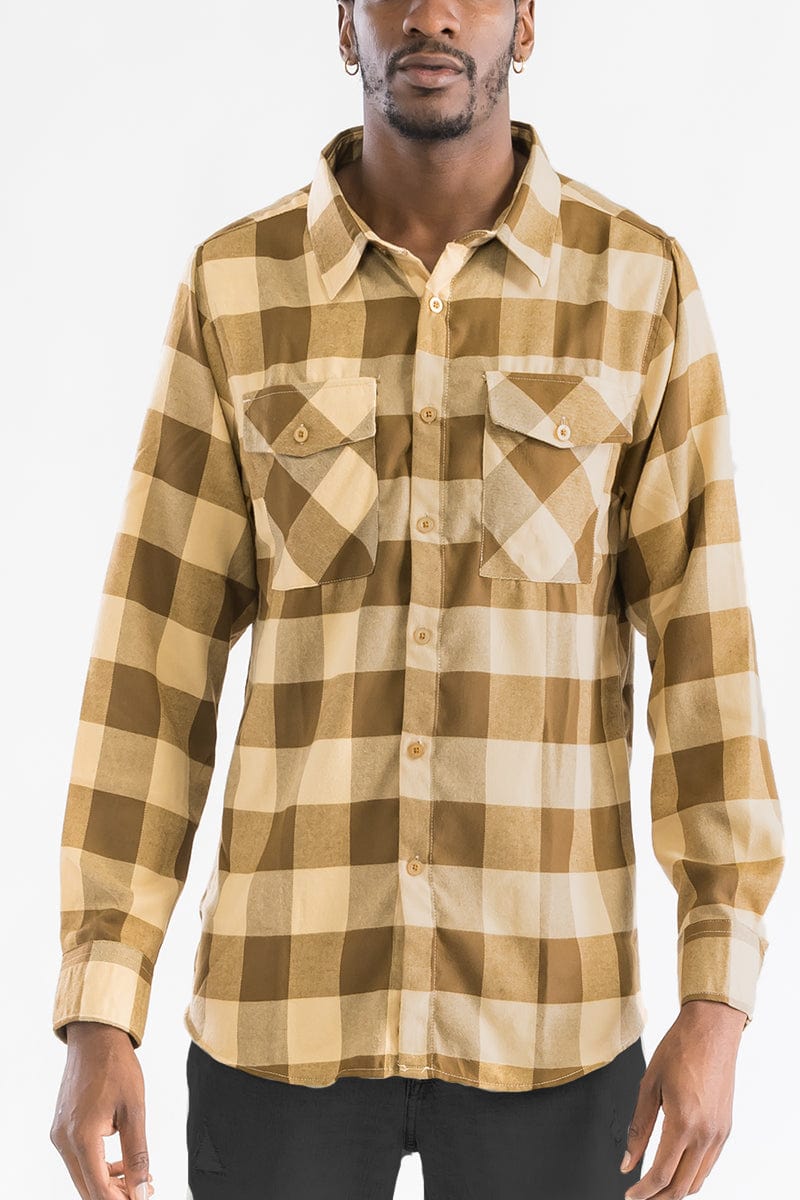WEIV Men's Fashion - Men's Clothing - Shirts - Casual Shirts KHAKI BROWN / S Long Sleeve Checkered Plaid Brushed Flannel