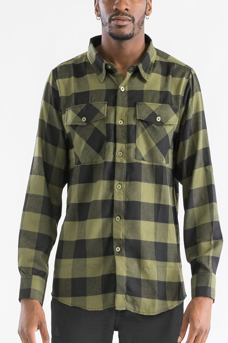 WEIV Men's Fashion - Men's Clothing - Shirts - Casual Shirts OLIVE BLACK / S Long Sleeve Checkered Plaid Brushed Flannel