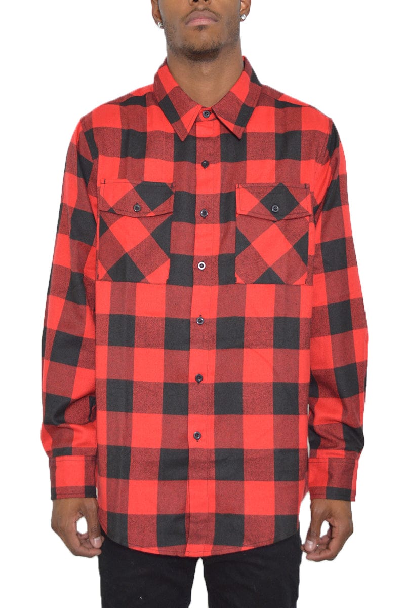 WEIV Men's Fashion - Men's Clothing - Shirts - Casual Shirts RED BLACK / S Long Sleeve Checkered Plaid Brushed Flannel