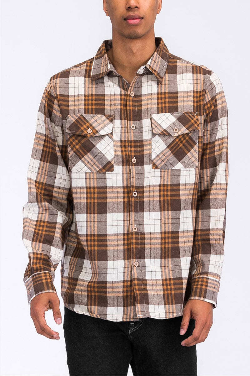 WEIV Men's Fashion - Men's Clothing - Shirts - Casual Shirts SAND BROWN / S Long Sleeve Checkered Plaid Brushed Flannel