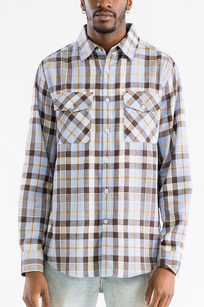WEIV Men's Fashion - Men's Clothing - Shirts - Casual Shirts SKY BROWN / S Long Sleeve Checkered Plaid Brushed Flannel