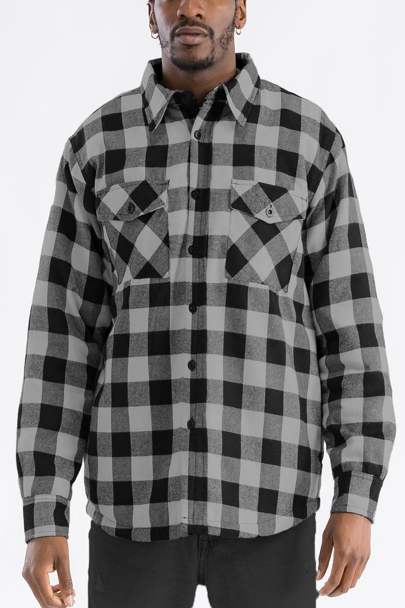 WEIV Men's Outerwear BLACK GREY / S Checkered Plaid Quilted Flannel Jacket