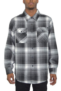 WEIV Men's Shirt BLACK GREY / S Long Sleeve Checkered Plaid Brushed Flannel