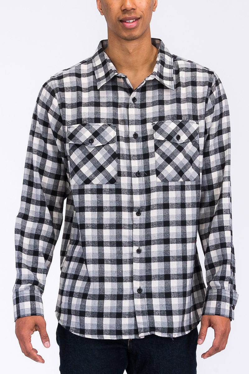 WEIV Men's Shirt BLACK GREY / S Long Sleeve Checkered Plaid Brushed Flannel