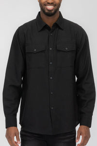 WEIV Men's Shirt BLACK / S Brushed Solid Dual Pocket Flannel Shirt