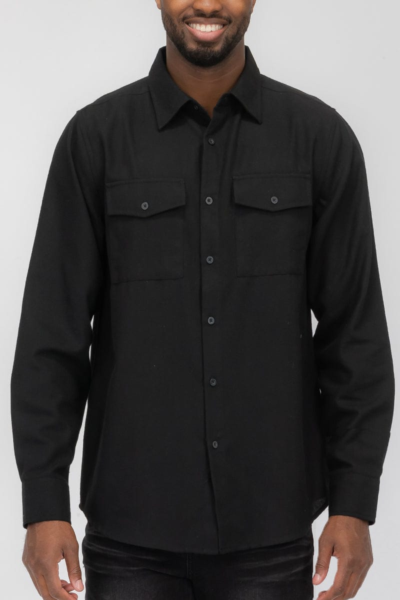 WEIV Men's Shirt BLACK / S Brushed Solid Dual Pocket Flannel Shirt