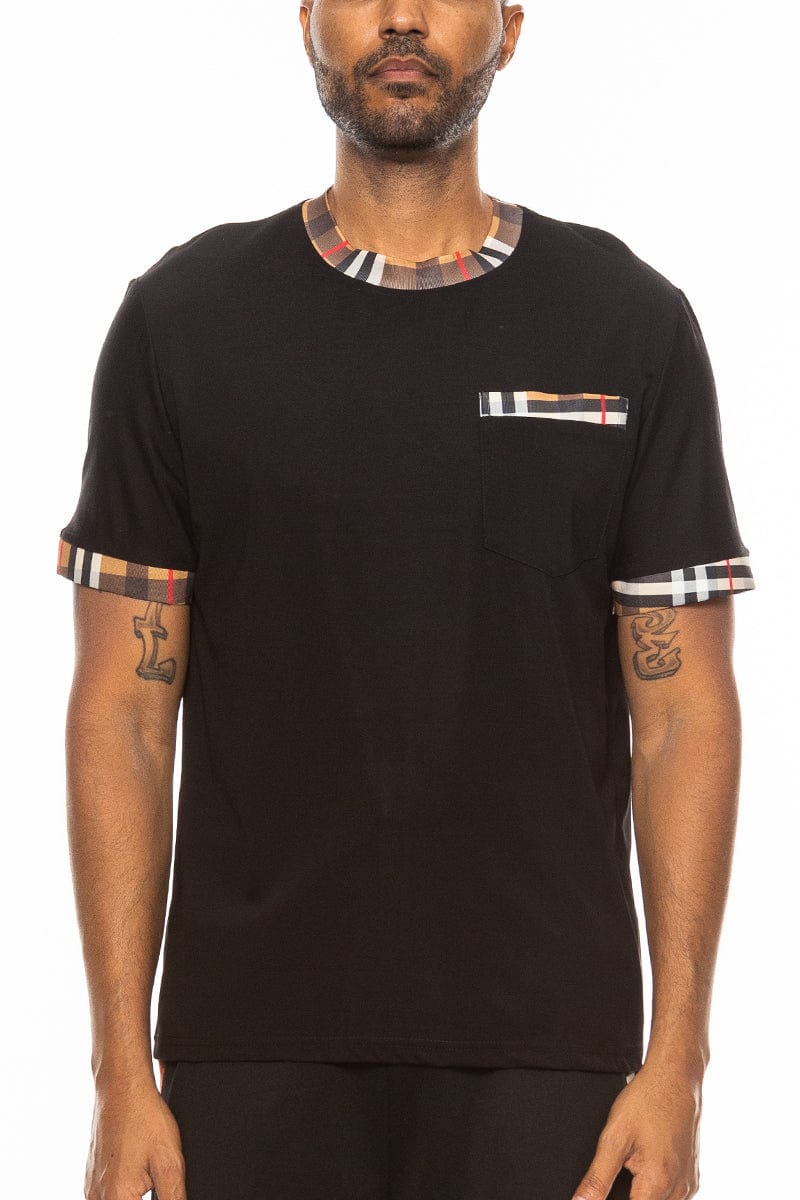 WEIV Men's Shirt BLACK / S Checkered Detail Round Neck Tee