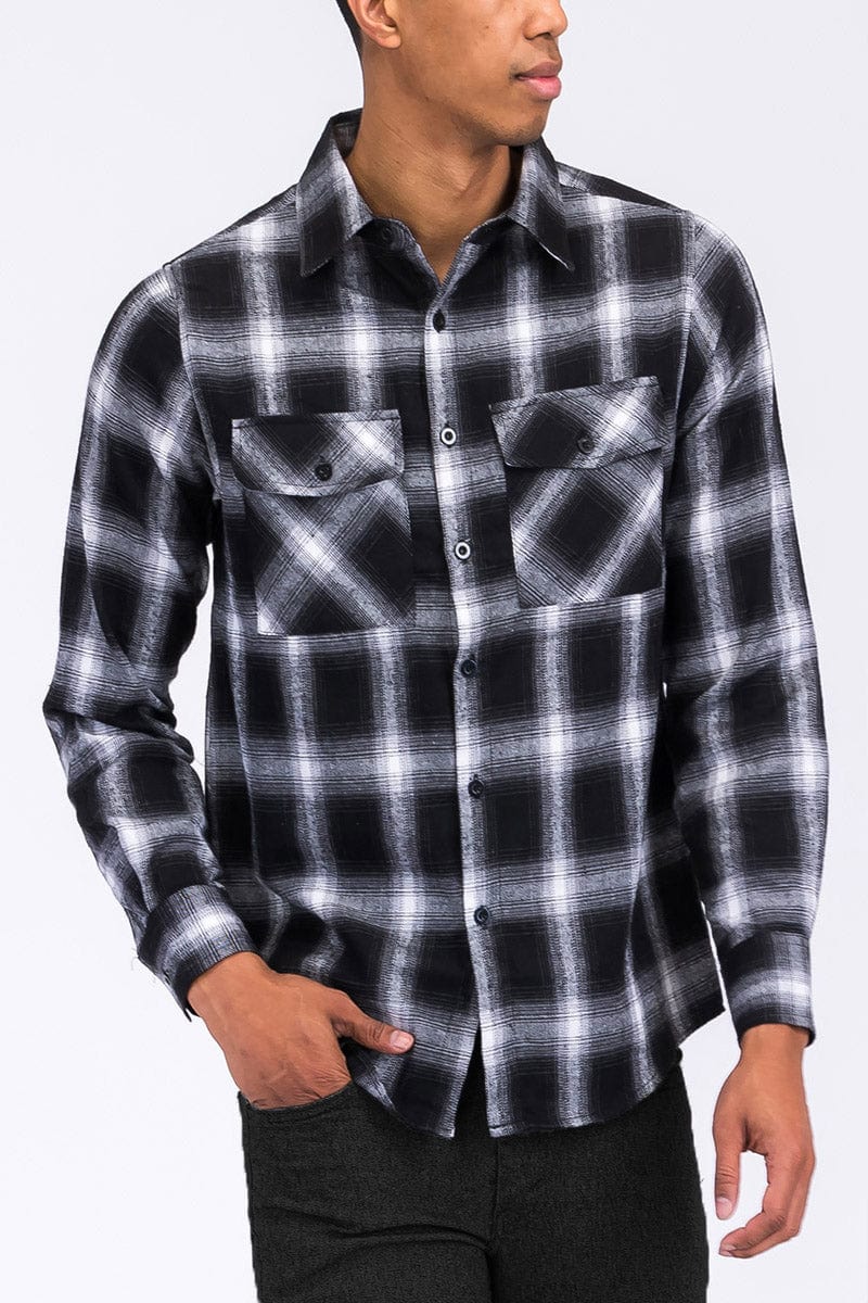 WEIV Men's Shirt BLACK WHITE / M Long Sleeve Checkered Plaid Brushed Flannel