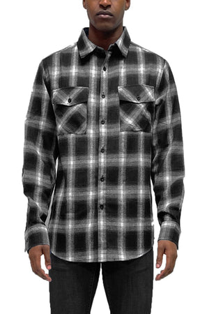 WEIV Men's Shirt BLACK WHITE / S Long Sleeve Checkered Plaid Brushed Flannel