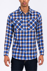 WEIV Men's Shirt BLUE BROWN / S Long Sleeve Checkered Plaid Brushed Flannel