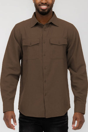 WEIV Men's Shirt BROWN / S Brushed Solid Dual Pocket Flannel Shirt