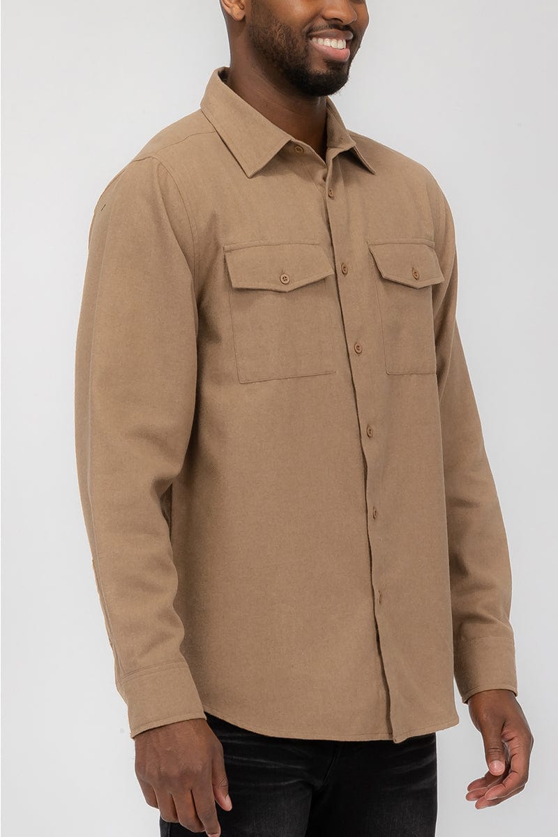 WEIV Men's Shirt Brushed Solid Dual Pocket Flannel Shirt