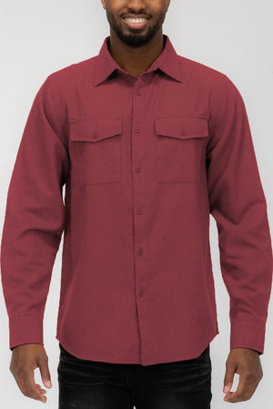 WEIV Men's Shirt BURGUNDY / S Brushed Solid Dual Pocket Flannel Shirt