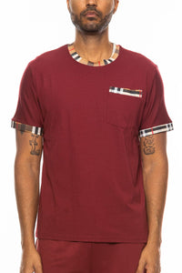 WEIV Men's Shirt BURGUNDY / S Checkered Detail Round Neck Tee