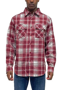 WEIV Men's Shirt BURGUNDY WHITE / S Long Sleeve Checkered Plaid Brushed Flannel