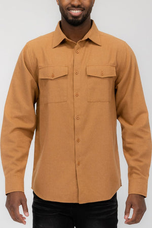 WEIV Men's Shirt CAMEL / S Brushed Solid Dual Pocket Flannel Shirt