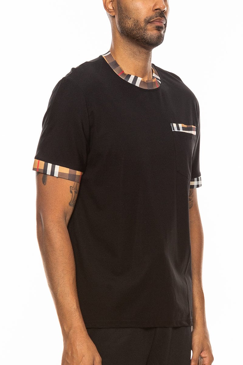 WEIV Men's Shirt Checkered Detail Round Neck Tee
