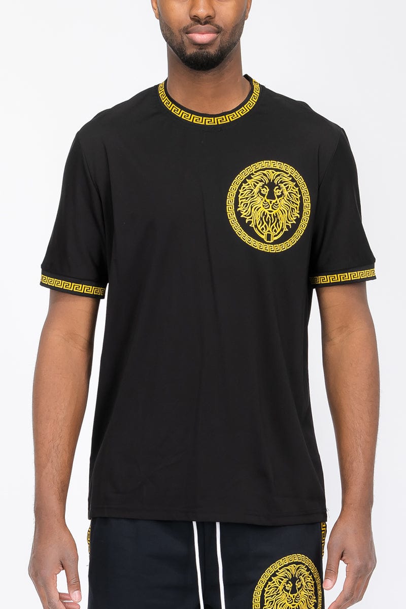 WEIV Men's Shirt Embroidered Lion Head Round Neck Tee
