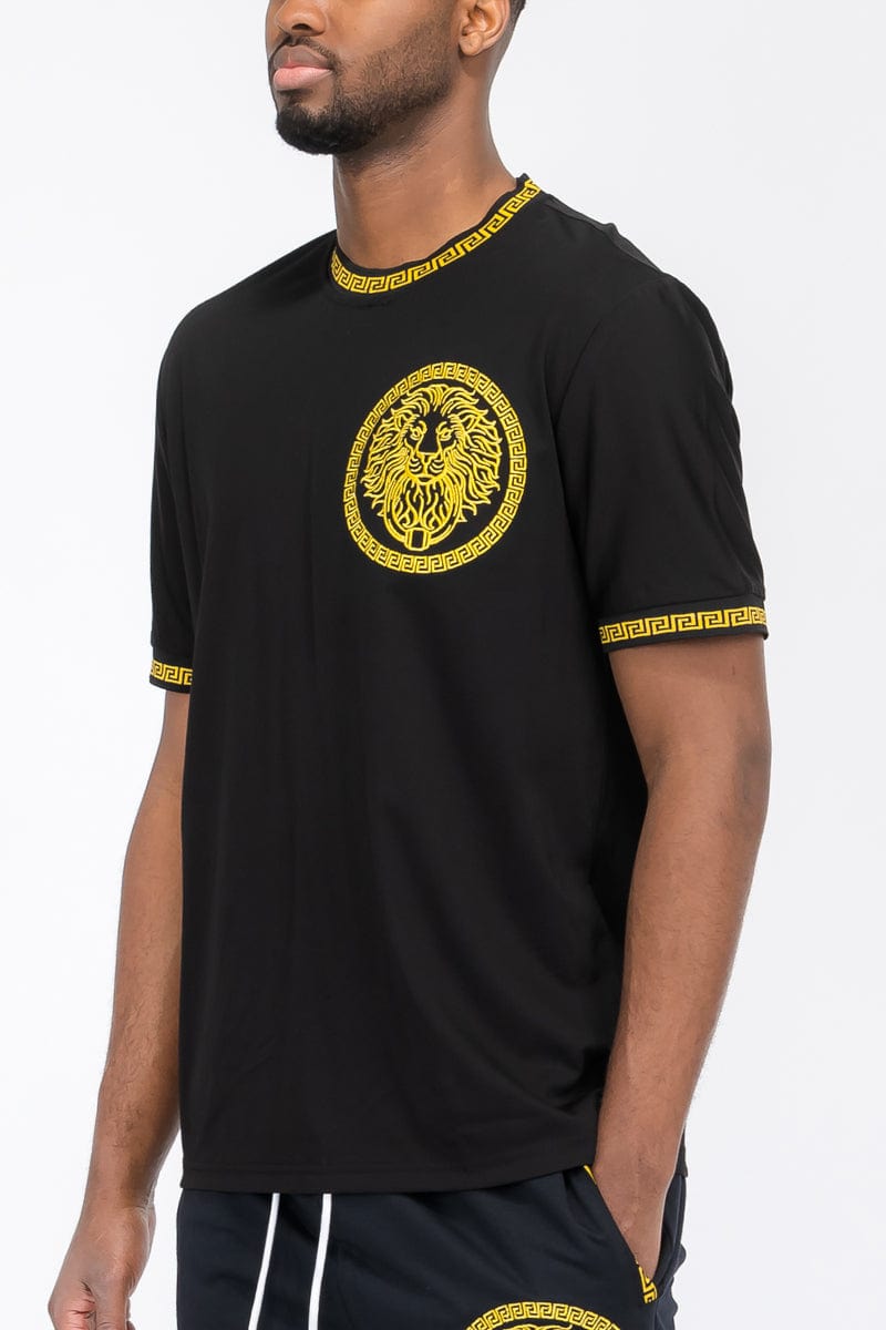 WEIV Men's Shirt Embroidered Lion Head Round Neck Tee