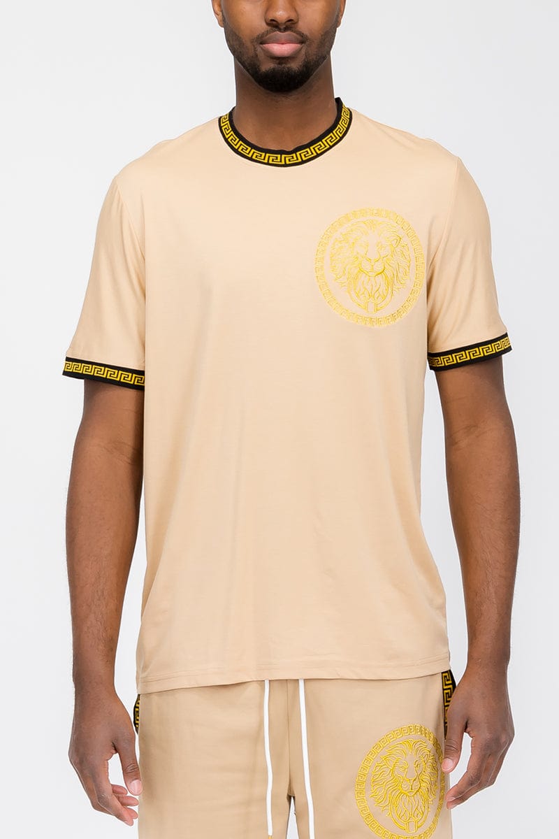 WEIV Men's Shirt Embroidered Lion Head Round Neck Tee