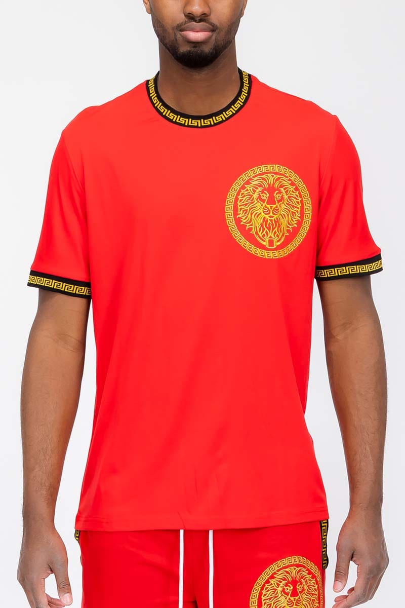 WEIV Men's Shirt Embroidered Lion Head Round Neck Tee