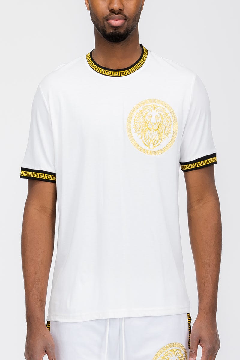 WEIV Men's Shirt Embroidered Lion Head Round Neck Tee