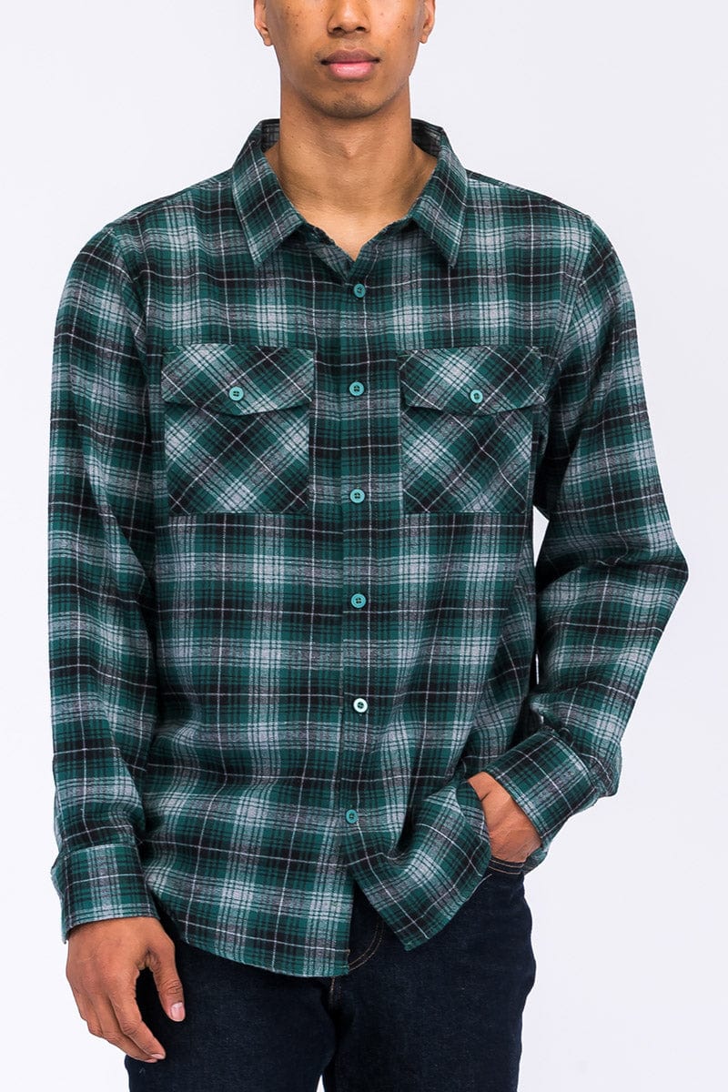 WEIV Men's Shirt GREEN BLACK / S Long Sleeve Checkered Plaid Brushed Flannel
