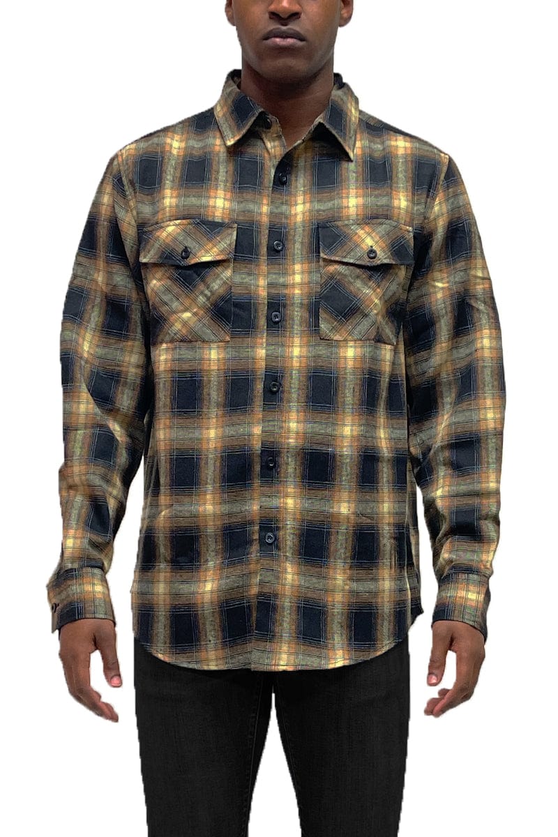 WEIV Men's Shirt KHAKI BLACK / S Long Sleeve Checkered Plaid Brushed Flannel