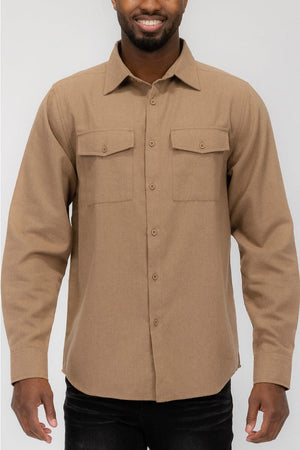 WEIV Men's Shirt KHAKI / S Brushed Solid Dual Pocket Flannel Shirt