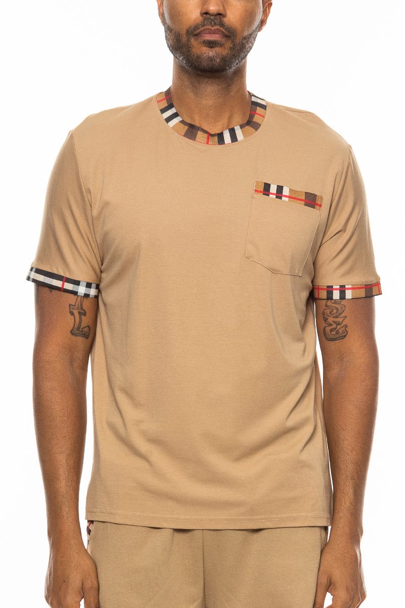 WEIV Men's Shirt KHAKI / S Checkered Detail Round Neck Tee