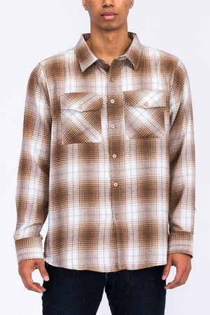 WEIV Men's Shirt KHAKI WHITE / S Long Sleeve Checkered Plaid Brushed Flannel