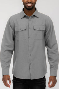 WEIV Men's Shirt LIGHT GREY / S Brushed Solid Dual Pocket Flannel Shirt